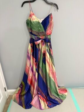 JS Collections Multicolor Pleated Satin Maxi Dress - Blue, Green, Pink
